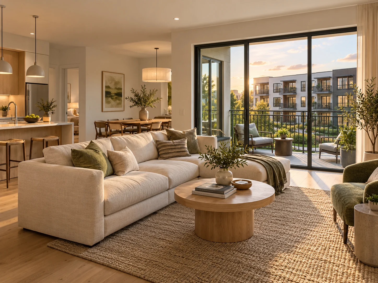 Condo interior concept with an open living area and a private balcony overlooking a neighboring apartment building